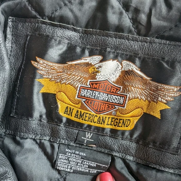 Harley Davidson Women Large MIRAGE Black Leather Fringe Jacket w/ Metal Emblem